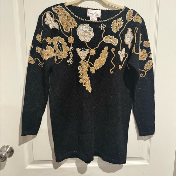 Jaclyn Smith Sweaters - Vintage Black and Gold Embroidered Sweater